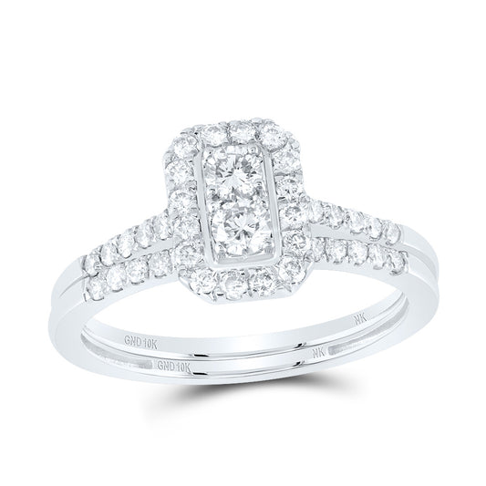 10kt White Gold 5/8 Cttw Natural Diamond Emerald Single Halo Wedding Engagement Anniversary Bridal Set, Women Size: 5-9