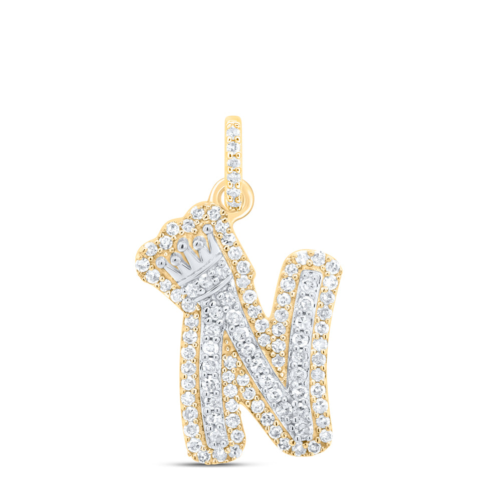 10k Yellow White Gold Natural Diamond Initial Crown Pendant