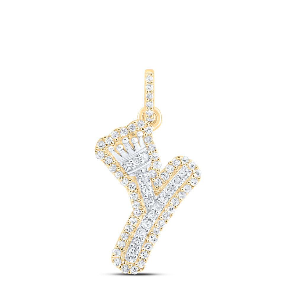 10k Yellow White Gold Natural Diamond Initial Crown Pendant