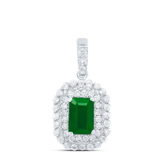 14K White Gold 1/3 Ctw Diamond 6X4MM Emerald Natural Gem Pendant