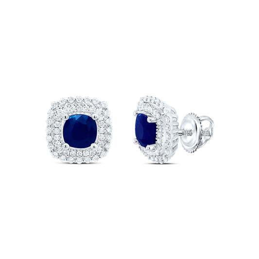 14kt White Gold 5/8 Cttw Natural Diamond Ana M 6 Mm Cushion Blue Sapphire Natural Gem Earring