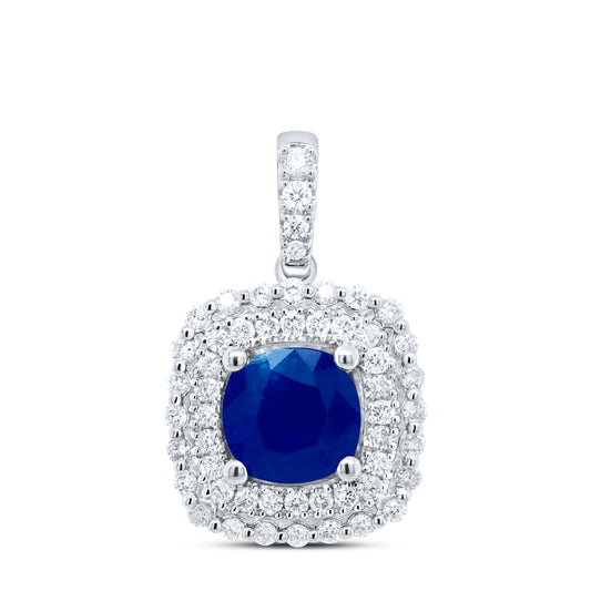 14kt White Gold 1/3 Cttw Natural Diamond Ana M 6x6mm Cushion Blue Sapphire Natural Gem Pendant