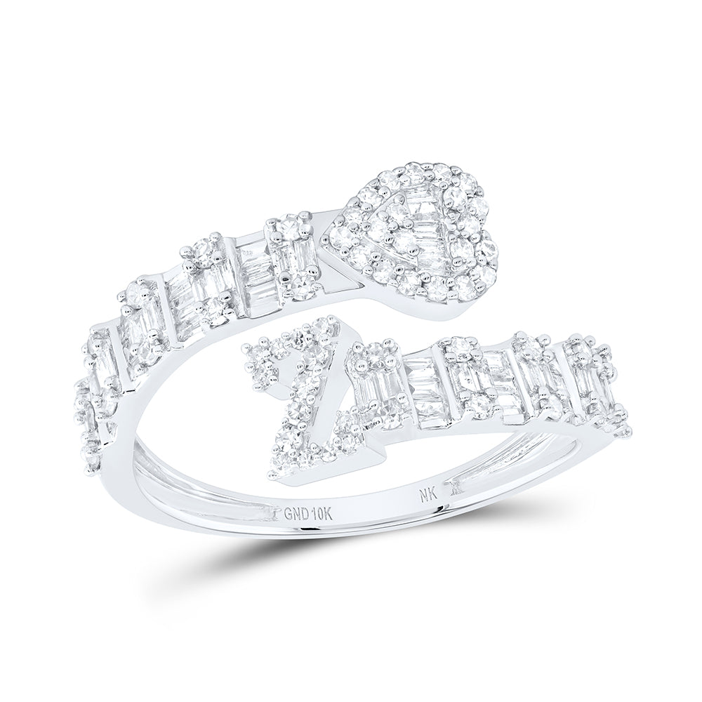 10K White Gold 1/2Ctw Natural Diamond Fashion Initial "E" Ladies Heart Cuff Ring