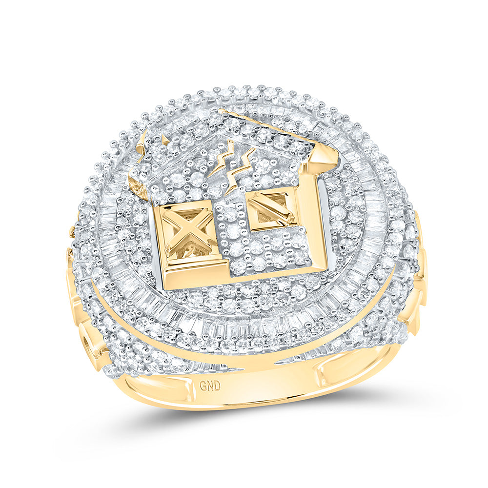 10kt Yellow Gold 2 7/8 Cttw Natural Diamond Trap House Mens Ring, Men Size: 8-12