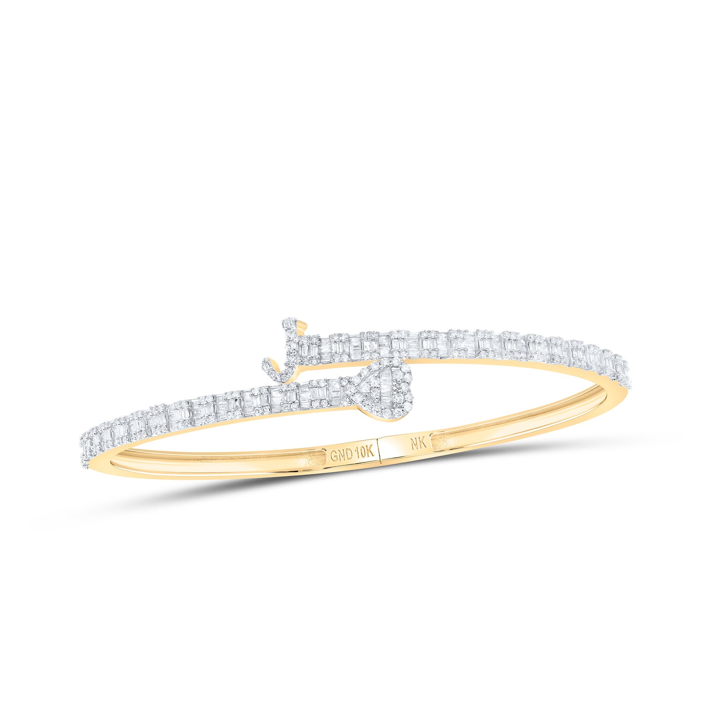 10K Yellow Gold 1 5/8Ctw Natural Diamond Heart Initial Ladies Cuff Bangle (55X65Mm)