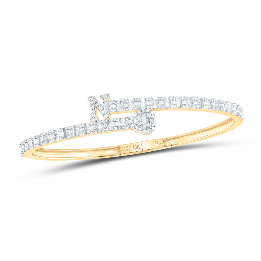 10K Yellow Gold 1 5/8Ctw Natural Diamond Heart Initial Ladies Cuff Bangle (55X65Mm)
