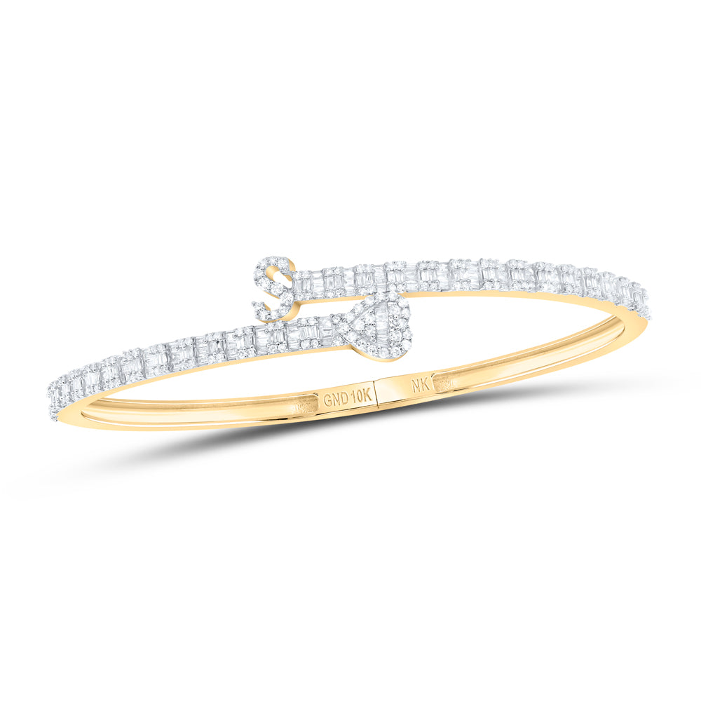 10kt Yellow Gold Natural Diamond Heart Initial Ladies Cuff Bangle