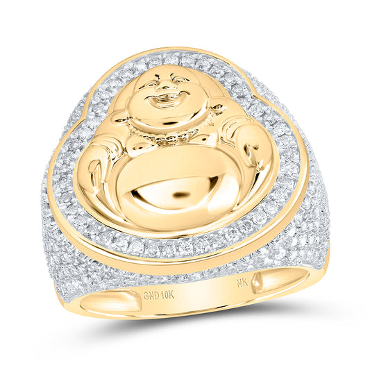 10kt Yellow Gold 1 5/8 Cttw Natural Diamond Laughing Buddha Mens Ring, Men Size: 8-12