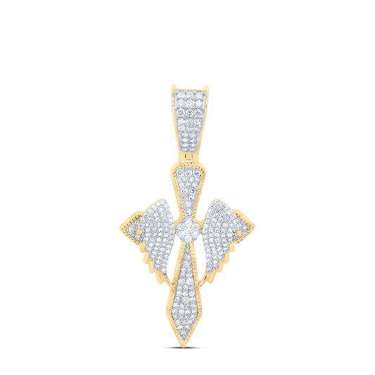 10kt Yellow Gold 1 Cttw Natural Diamond Wings Cross Mens Charm