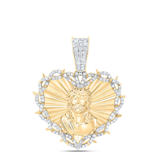10kt Yellow Gold 3/4 Cttw Natural Diamond Jesus Heart Mens Charm