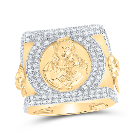 10kt Yellow Gold 1 1/2 Cttw Natural Diamond Mother Mary Mens Ring, Men Size: 8-12