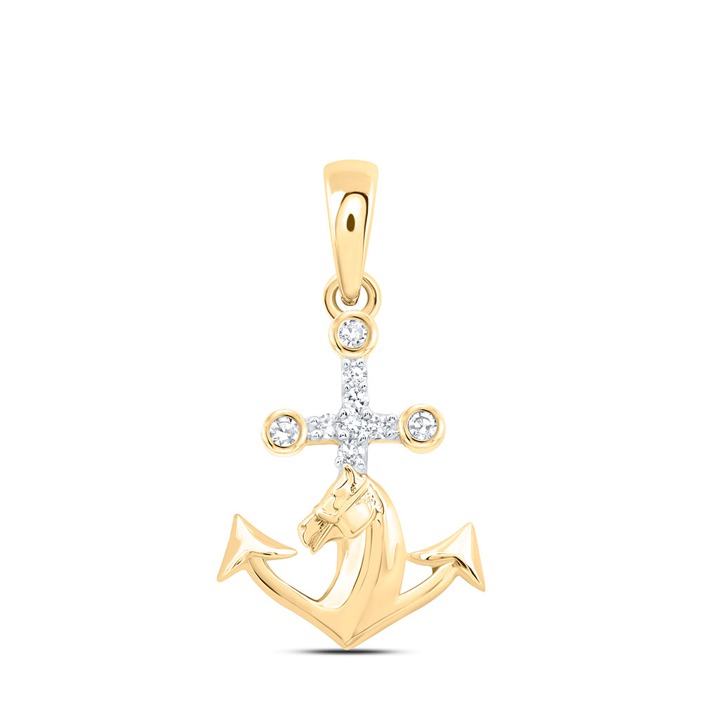 10kt Yellow Gold 1/20 Cttw Natural Diamond Anchor Cross Horse Pendant