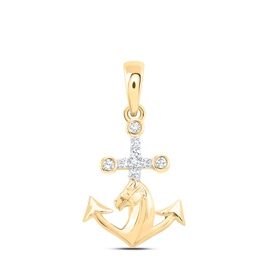 10kt Yellow Gold 1/20 Cttw Natural Diamond Anchor Cross Horse Pendant