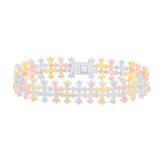 10kt Tri-tone Gold 5 3/8 Cttw Natural Diamond Cross Mens Bracelet, Length: 8.5 Inch