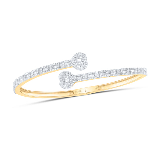 10kt Yellow Gold 1 7/8 Cttw Natural Diamond Heart Ladies Cuff Bangle (55 Mm)