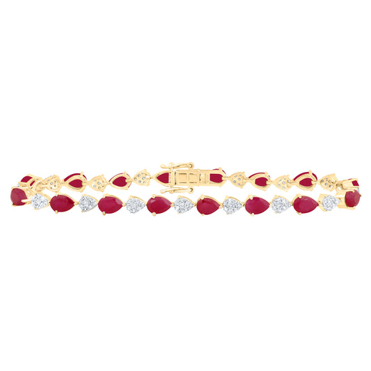 10kt Yellow Gold 1 Cttw Natural Diamond 6x4 Mm Pear Ruby Synthetic Bracelet, Length: 7 Inch