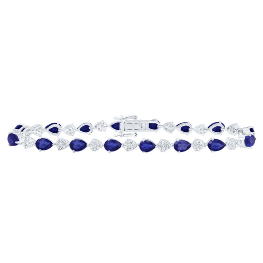 10kt White Gold 1 Cttw Natural Diamond 6x4 Mm Pear Blue Sapphire Synthetic Bracelet, Length: 7 Inch