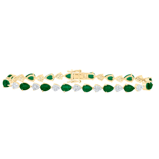 10kt Yellow Gold 1 Cttw Natural Diamond 6x4 Mm Pear Emerald Synthetic Bracelet, Length: 7 Inch