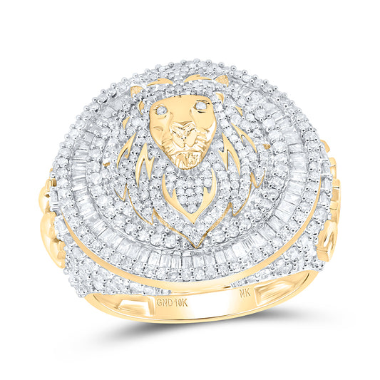 10kt Yellow Gold 3 Cttw Natural Diamond Lion Face Mens Ring, Men Size: 8-12