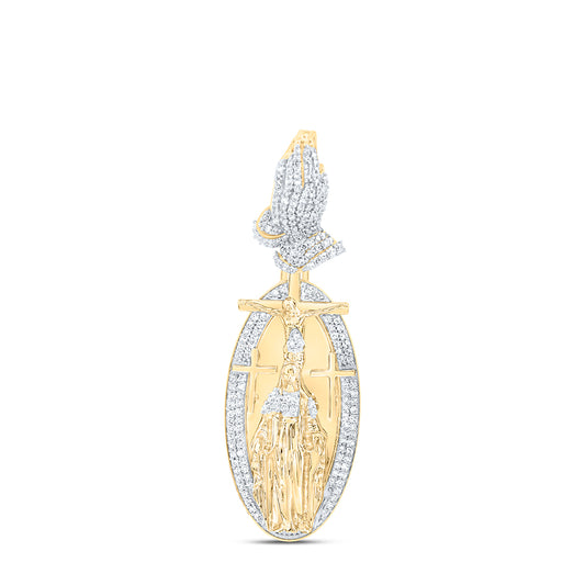 10kt Yellow Gold 3/4 Cttw Natural Diamond Fashion Praying Hand Cross Pendant