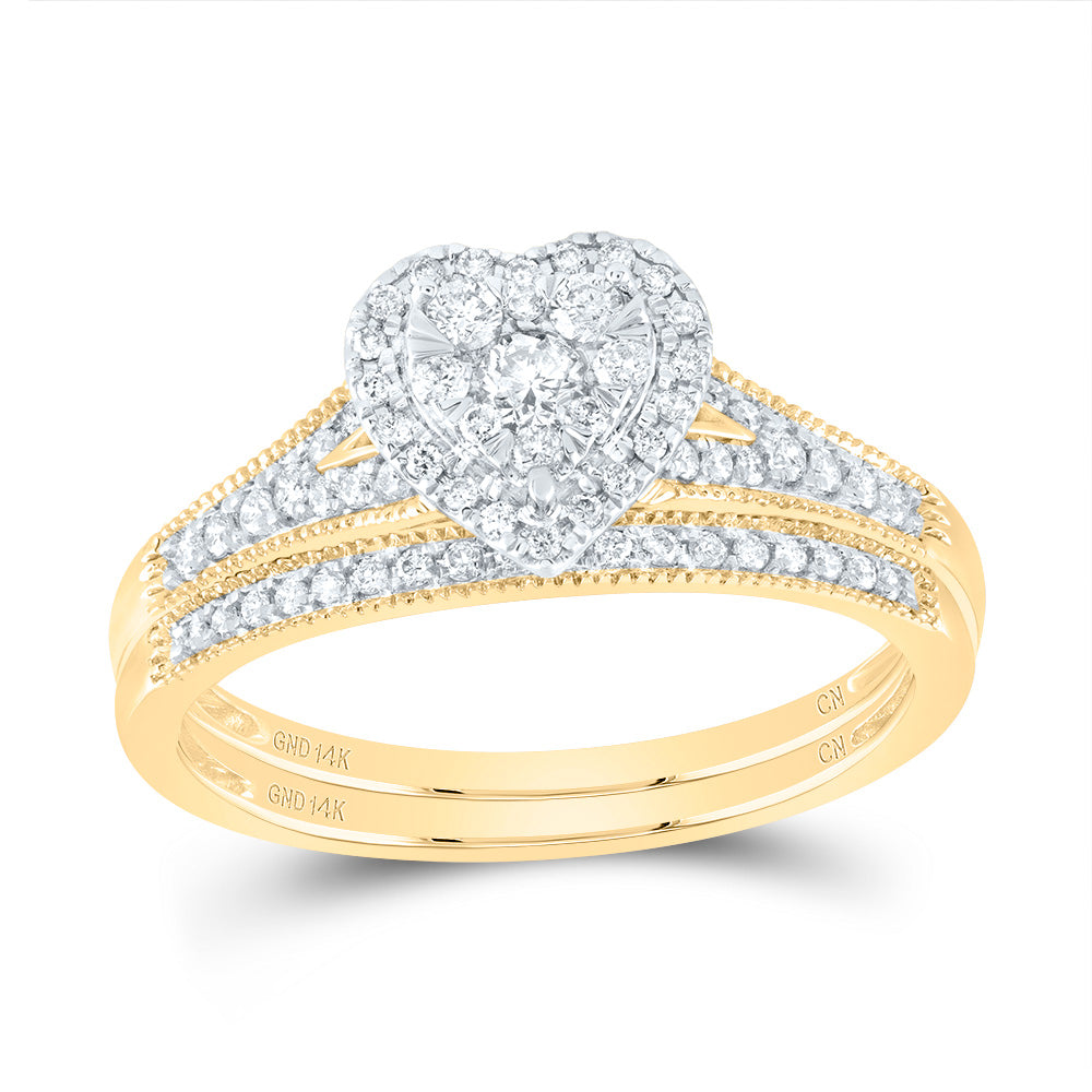14K Yellow Gold 3/8Ctw Natural Diamond Cn Heart Single Halo Bridal Set