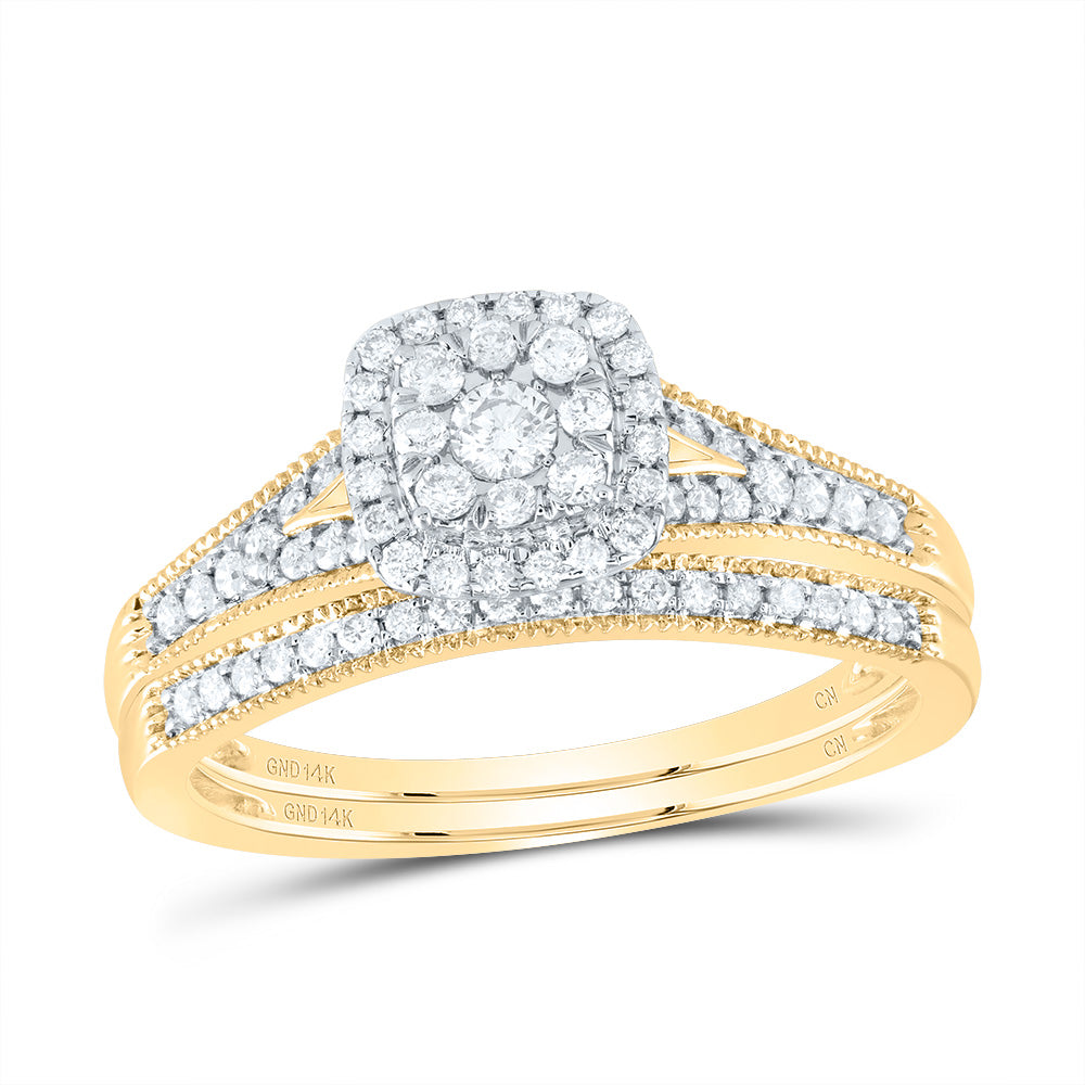 14kt Yellow Gold 3/8 Cttw Natural Diamond Cushion Single Halo Wedding Engagement Anniversary Bridal Set, Women Size: 5-9