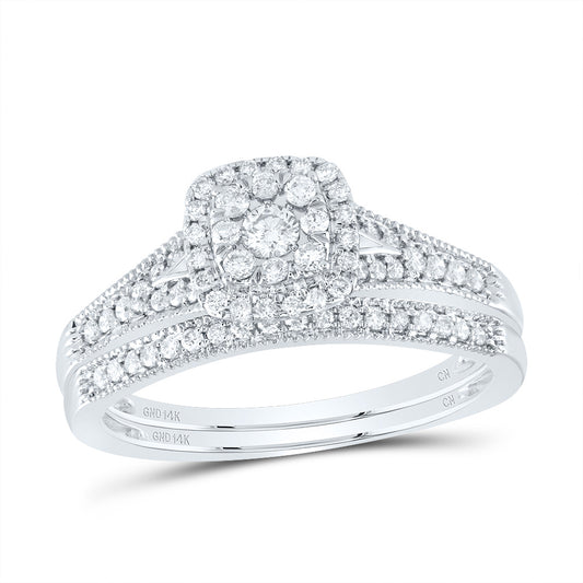 14kt White Gold 3/8 Cttw Natural Diamond Cushion Single Halo Wedding Engagement Anniversary Bridal Set, Women Size: 5-9