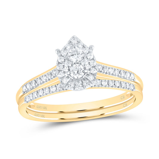 10kt Yellow Gold 1/3 Cttw Natural Diamond Pear Single Halo Wedding Engagement Anniversary Bridal Set, Women Size: 5-9