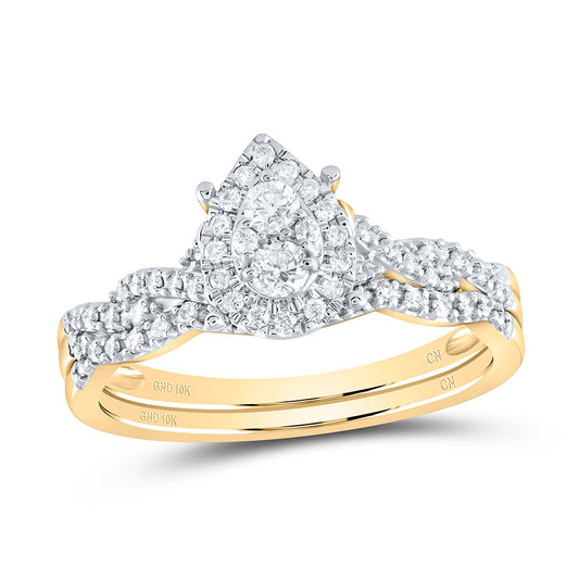 10kt Yellow Gold 1/3 Cttw Natural Diamond Pear Single Halo Wedding Engagement Anniversary Bridal Set, Women Size: 5-9
