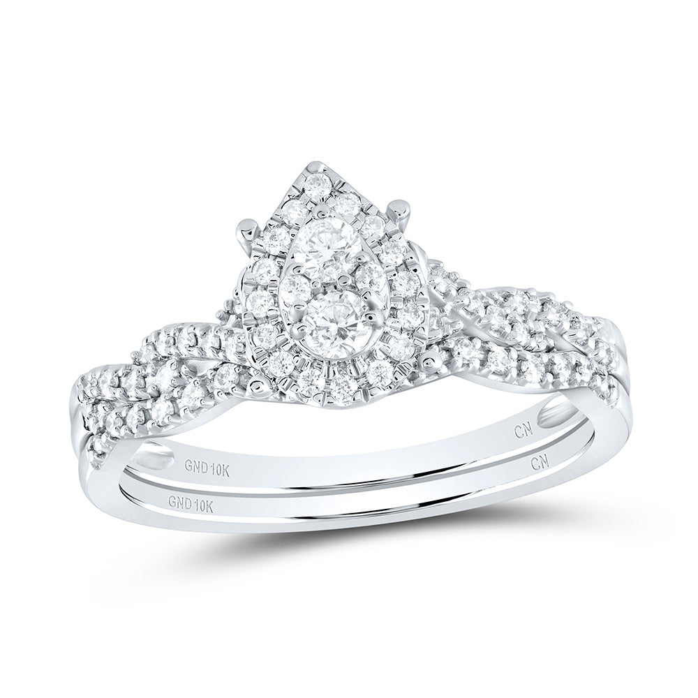 10kt White Gold 1/3 Cttw Natural Diamond Pear Single Halo Wedding Engagement Anniversary Bridal Set, Women Size: 5-9