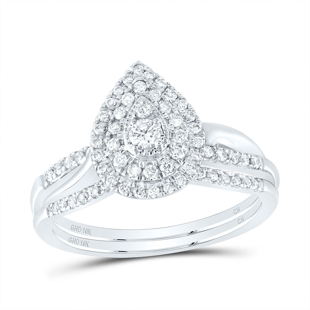 10kt White Gold 3/8 Cttw Natural Diamond Pear Double Halo Wedding Engagement Anniversary Bridal Set, Women Size: 5-9