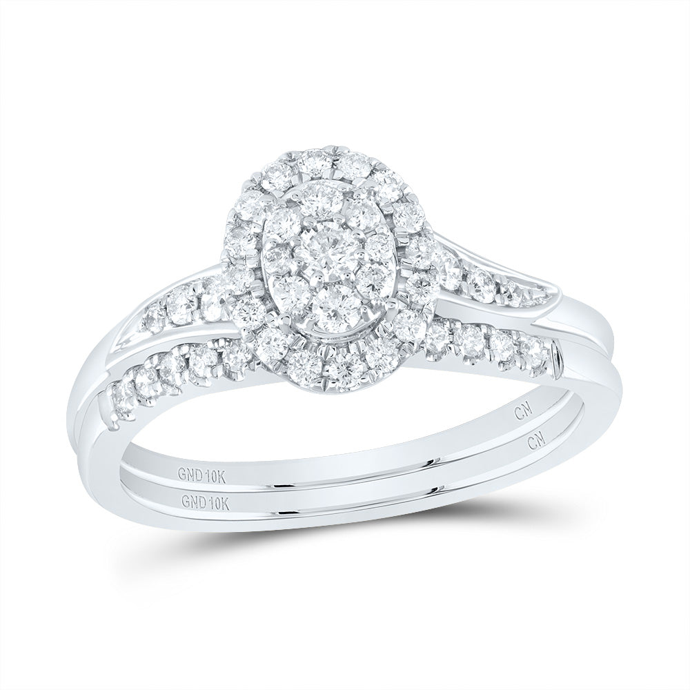10kt White Gold 3/8 Cttw Natural Diamond Oval Single Halo Wedding Engagement Anniversary Bridal Set, Women Size: 5-9
