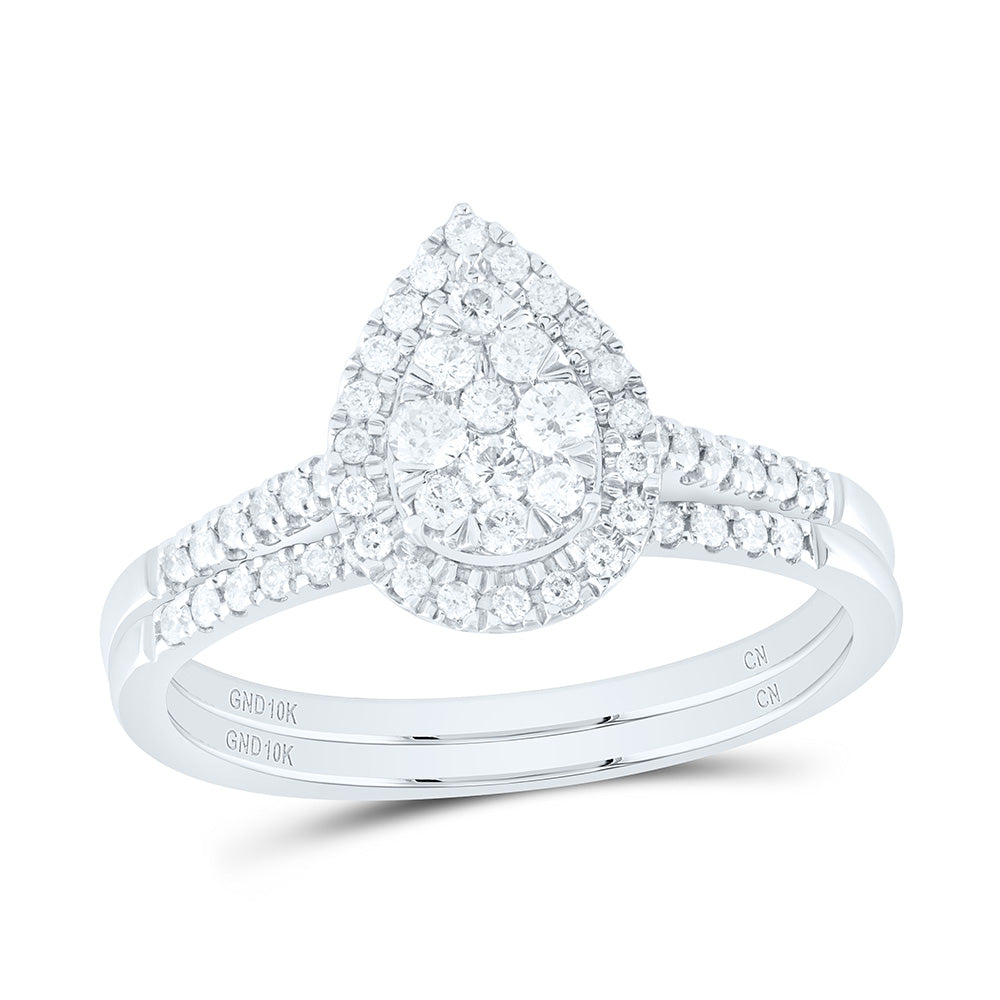 10kt White Gold 3/8 Cttw Natural Diamond Pear Single Halo Wedding Engagement Anniversary Bridal Set, Women Size: 5-9