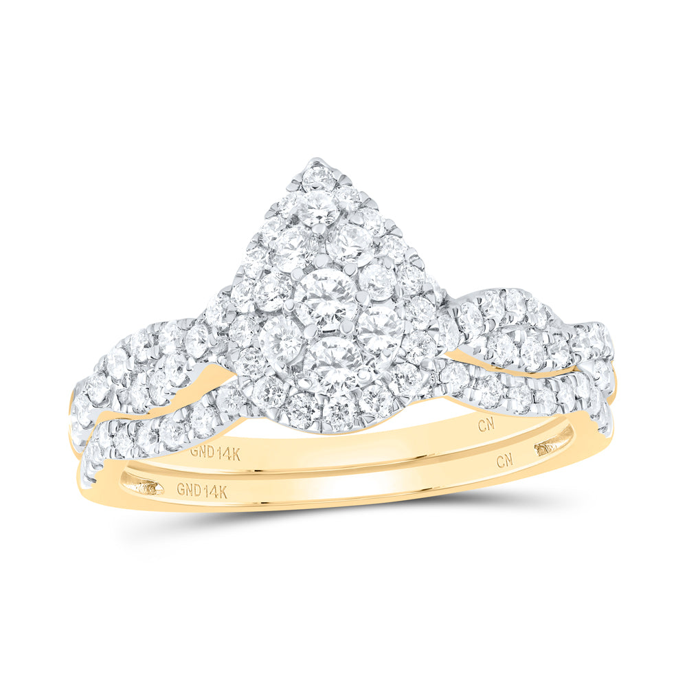 14kt Yellow Gold 3/4 Cttw Natural Diamond Pear Single Halo Wedding Engagement Anniversary Bridal Set, Women Size: 5-9