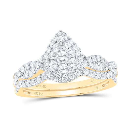 14kt Yellow Gold 3/4 Cttw Natural Diamond Pear Single Halo Wedding Engagement Anniversary Bridal Set, Women Size: 5-9