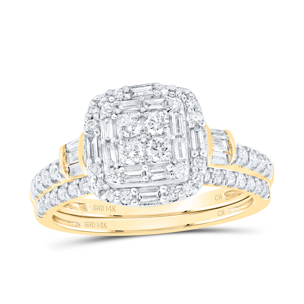 14kt Yellow Gold 3/4 Cttw Natural Diamond Cushion Single Halo Wedding Engagement Anniversary Bridal Set, Women Size: 5-9