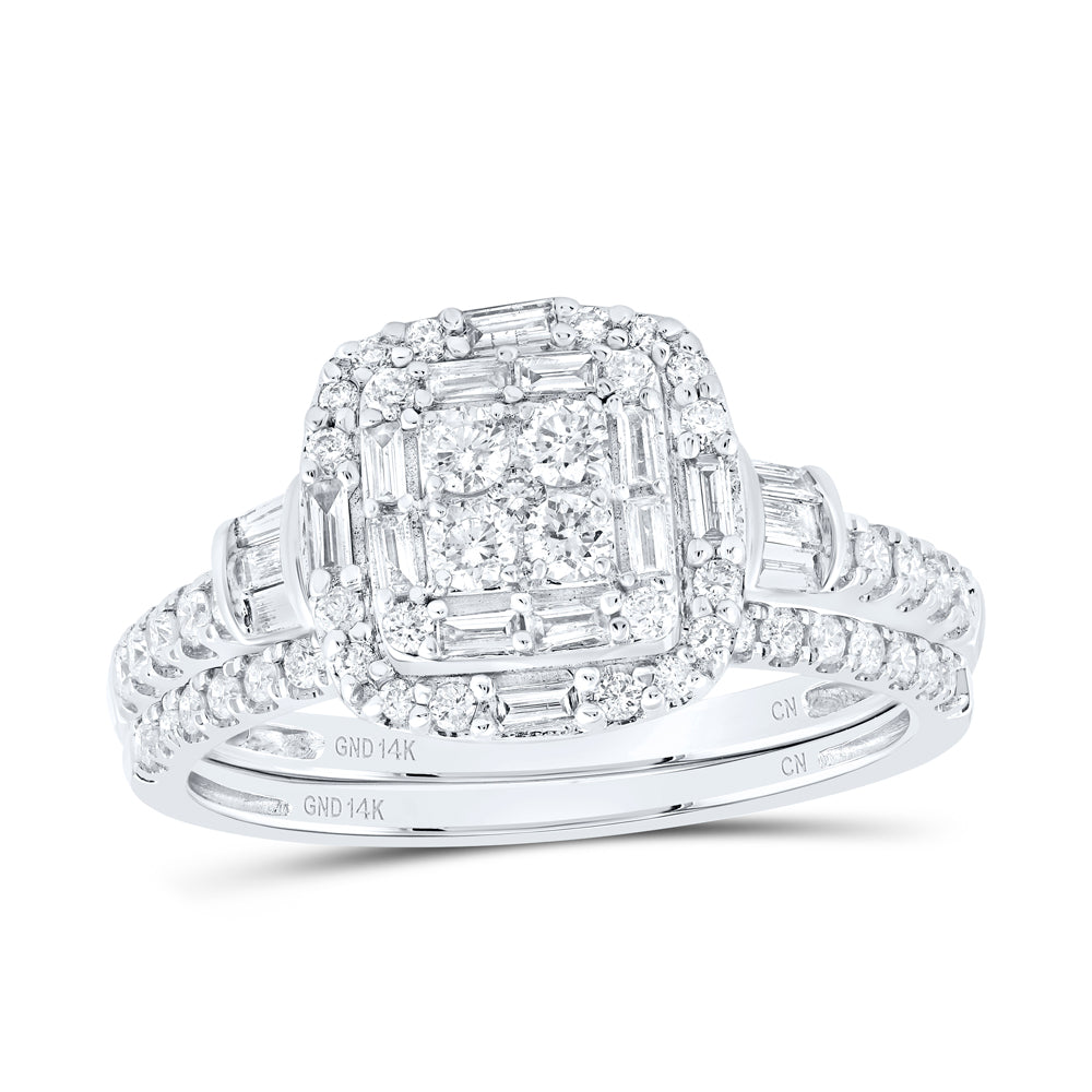 14kt White Gold 3/4 Cttw Natural Diamond Cushion Single Halo Wedding Engagement Anniversary Bridal Set, Women Size: 5-9