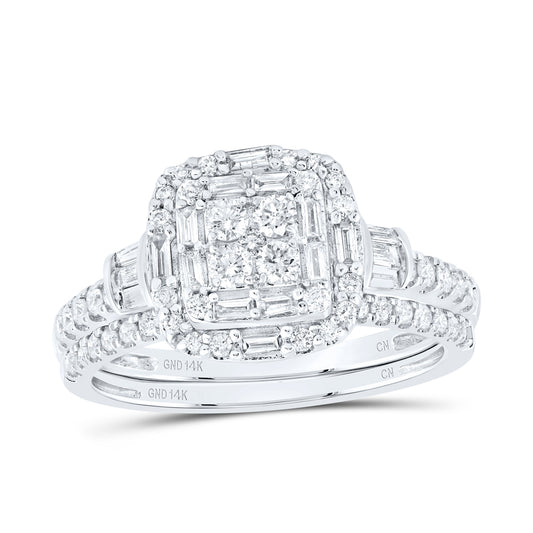 14kt White Gold 3/4 Cttw Natural Diamond Cushion Single Halo Wedding Engagement Anniversary Bridal Set, Women Size: 5-9