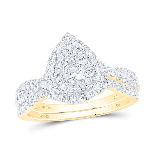 14kt Yellow Gold 3/4 Cttw Natural Diamond Pear Double Halo Wedding Engagement Anniversary Bridal Set, Women Size: 5-9