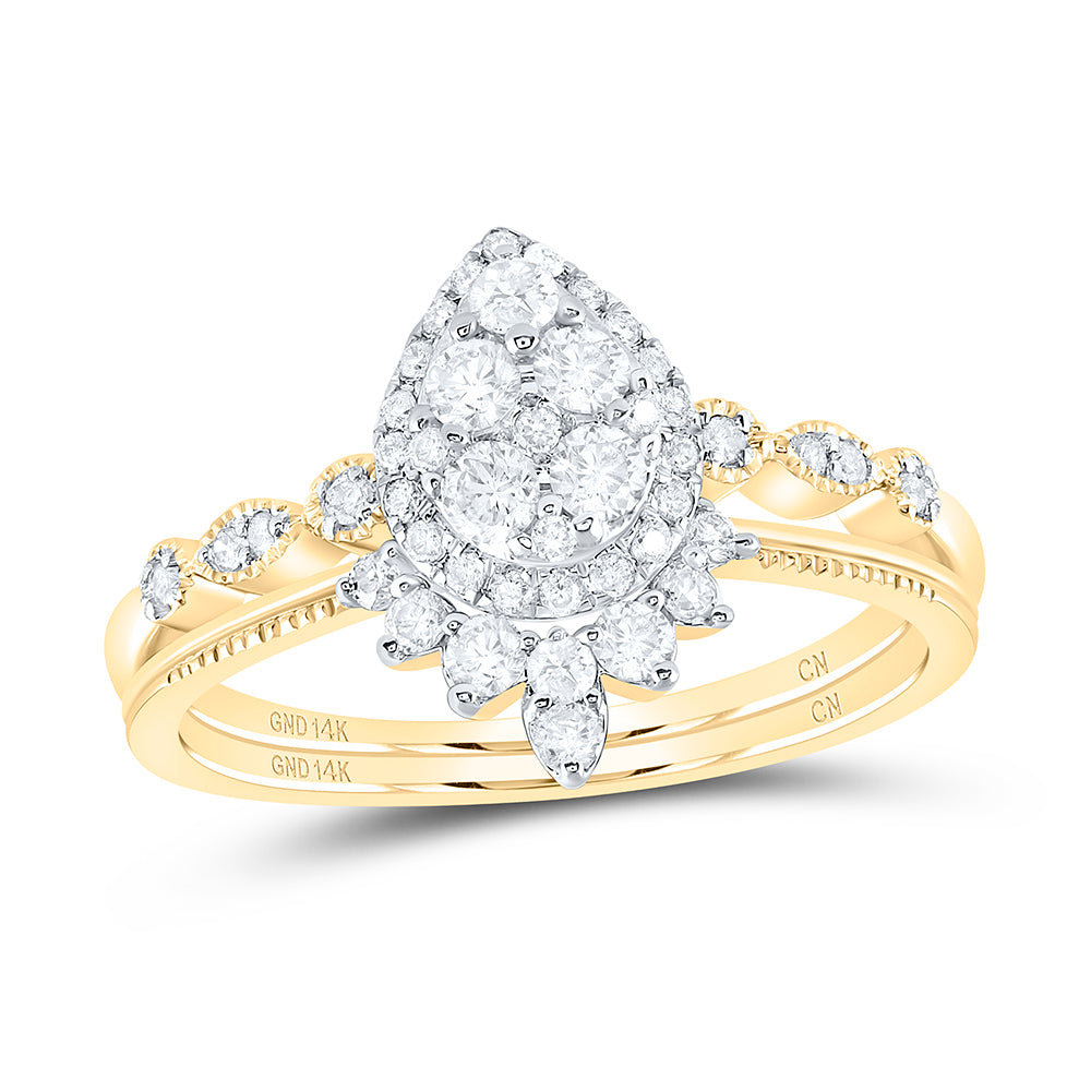 14kt Yellow Gold 1/2 Cttw Natural Diamond Pear Single Halo Wedding Engagement Anniversary Bridal Set, Women Size: 5-9