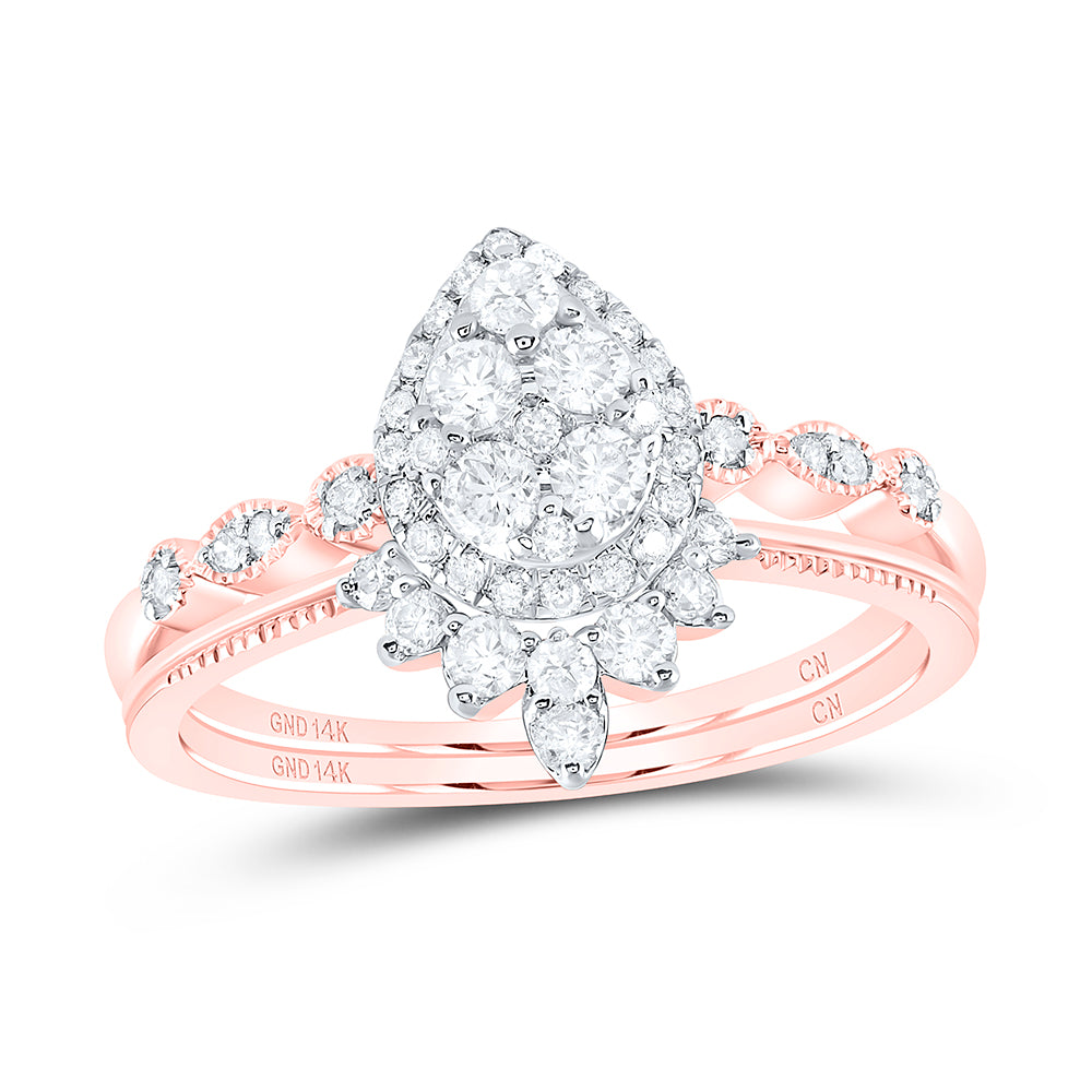 14K Rose Gold 1/2Ctw Natural Diamond Cn Pear Single Halo Bridal Set