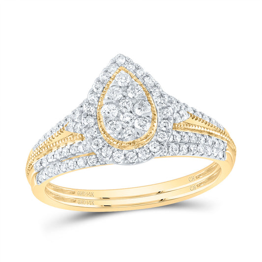14kt Yellow Gold 1/2 Cttw Natural Diamond Pear Single Halo Wedding Engagement Anniversary Bridal Set, Women Size: 5-9