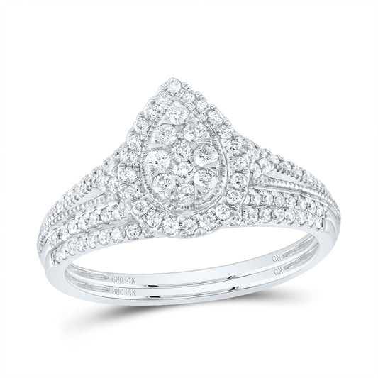 14kt White Gold 1/2 Cttw Natural Diamond Pear Single Halo Wedding Engagement Anniversary Bridal Set, Women Size: 5-9