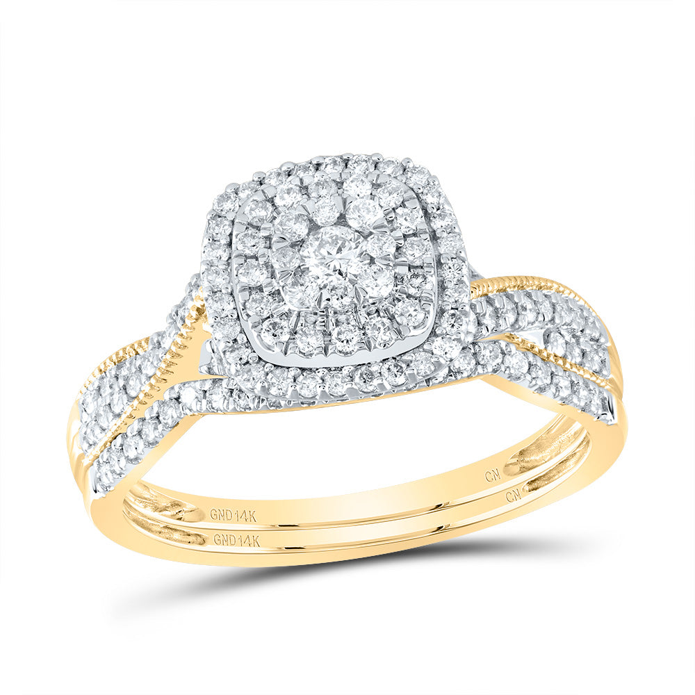 14kt Yellow Gold 1/2 Cttw Natural Diamond Cushion Double Halo Wedding Engagement Anniversary Bridal Set, Women Size: 5-9