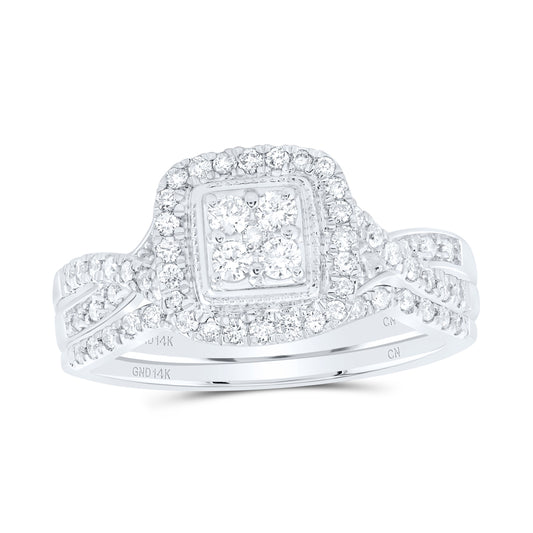 14kt White Gold 1/2 Cttw Natural Diamond Cushion Single Halo Wedding Engagement Anniversary Bridal Set, Women Size: 5-9