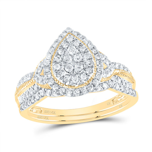 14kt Yellow Gold 1/2 Cttw Natural Diamond Pear Double Halo Wedding Engagement Anniversary Bridal Set, Women Size: 5-9