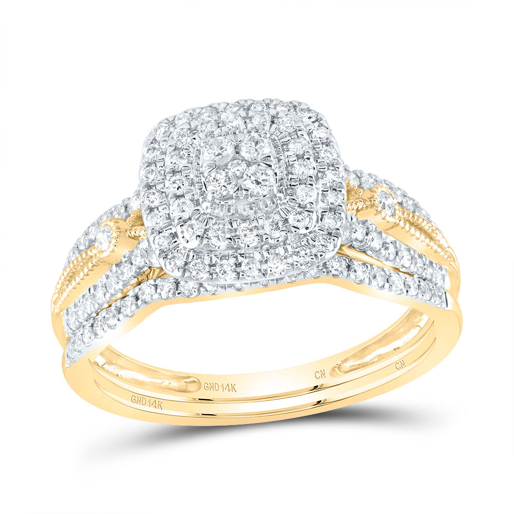 14kt Yellow Gold 1/2 Cttw Natural Diamond Cushion Double Halo Wedding Engagement Anniversary Bridal Set, Women Size: 5-9