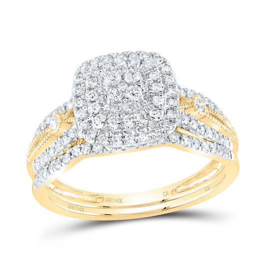 14kt Yellow Gold 1/2 Cttw Natural Diamond Cushion Double Halo Wedding Engagement Anniversary Bridal Set, Women Size: 5-9
