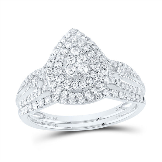 14kt White Gold 1/2 Cttw Natural Diamond Pear Double Halo Wedding Engagement Anniversary Bridal Set, Women Size: 5-9