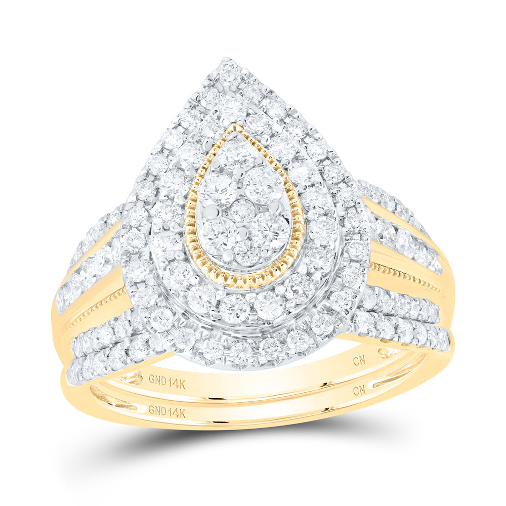 14kt Yellow Gold 1 Cttw Natural Diamond Pear Double Halo Wedding Engagement Anniversary Bridal Set, Women Size: 5-9